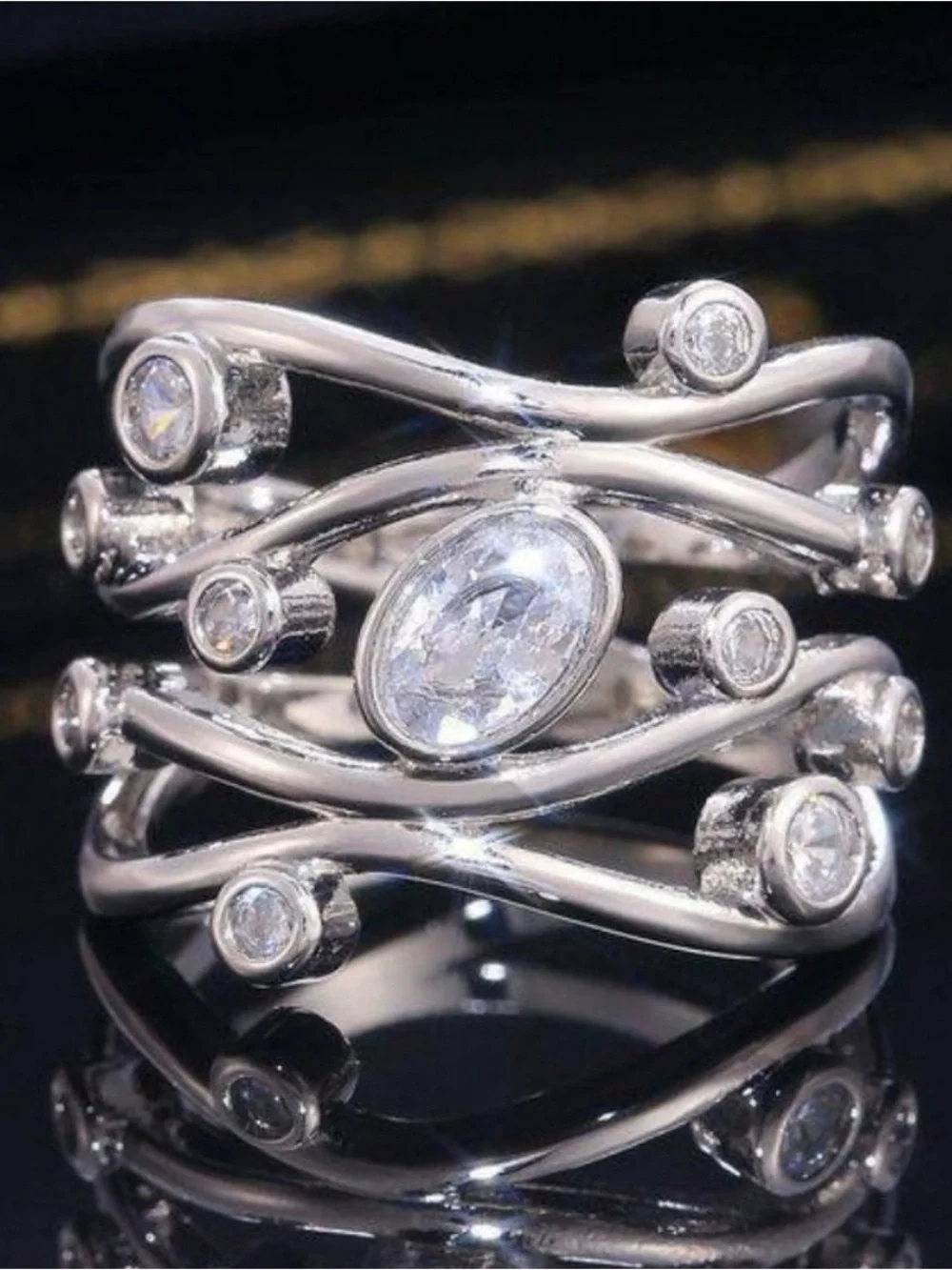 NEW 18K White Gold Diamond Twisted Wave Wide Ring